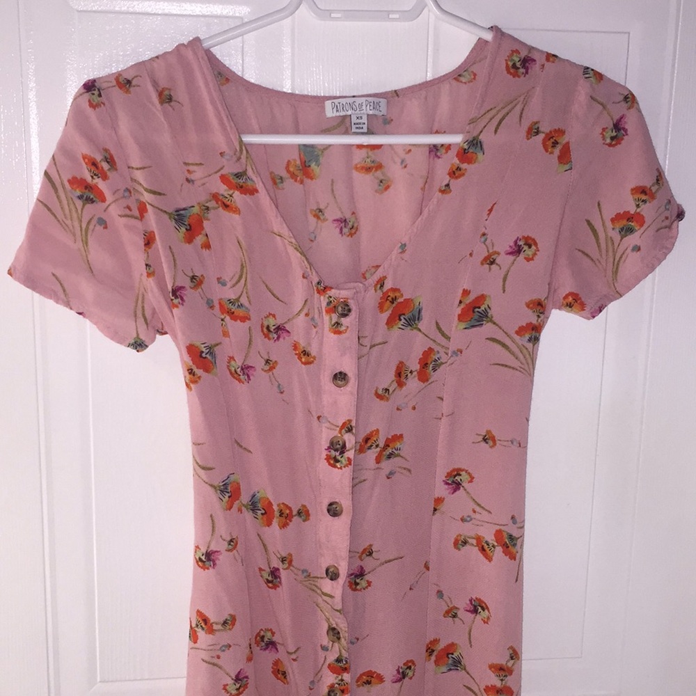Pink floral Button up mini dress patrons of peace